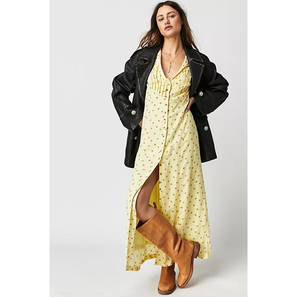 Free People Rosemary Summer Strawberry Printed Yellow Midi Dress
